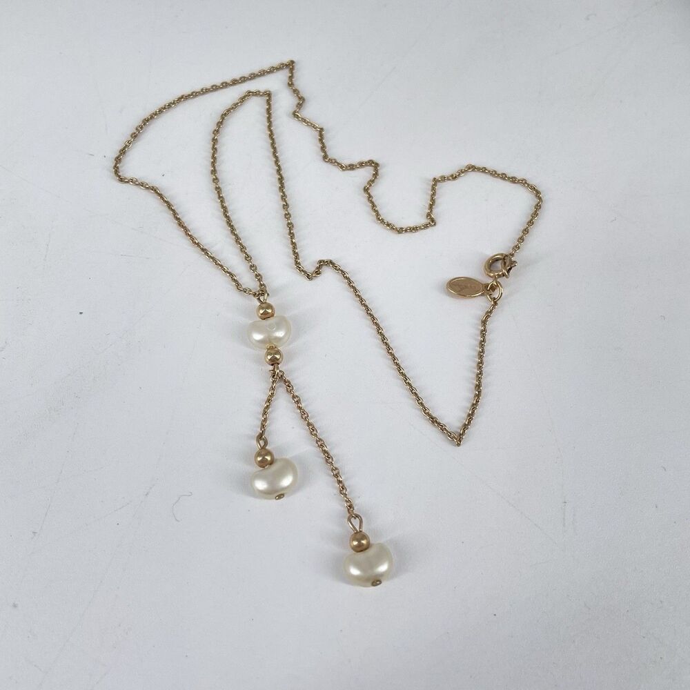 Avon Faux Pearl Y Drop Necklace Gold Tone Dangle Beads 16” Signed